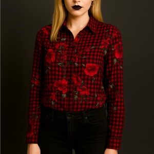 Chaps Womens Button Down Blouse Red and Pink Floral Checkered Size M
